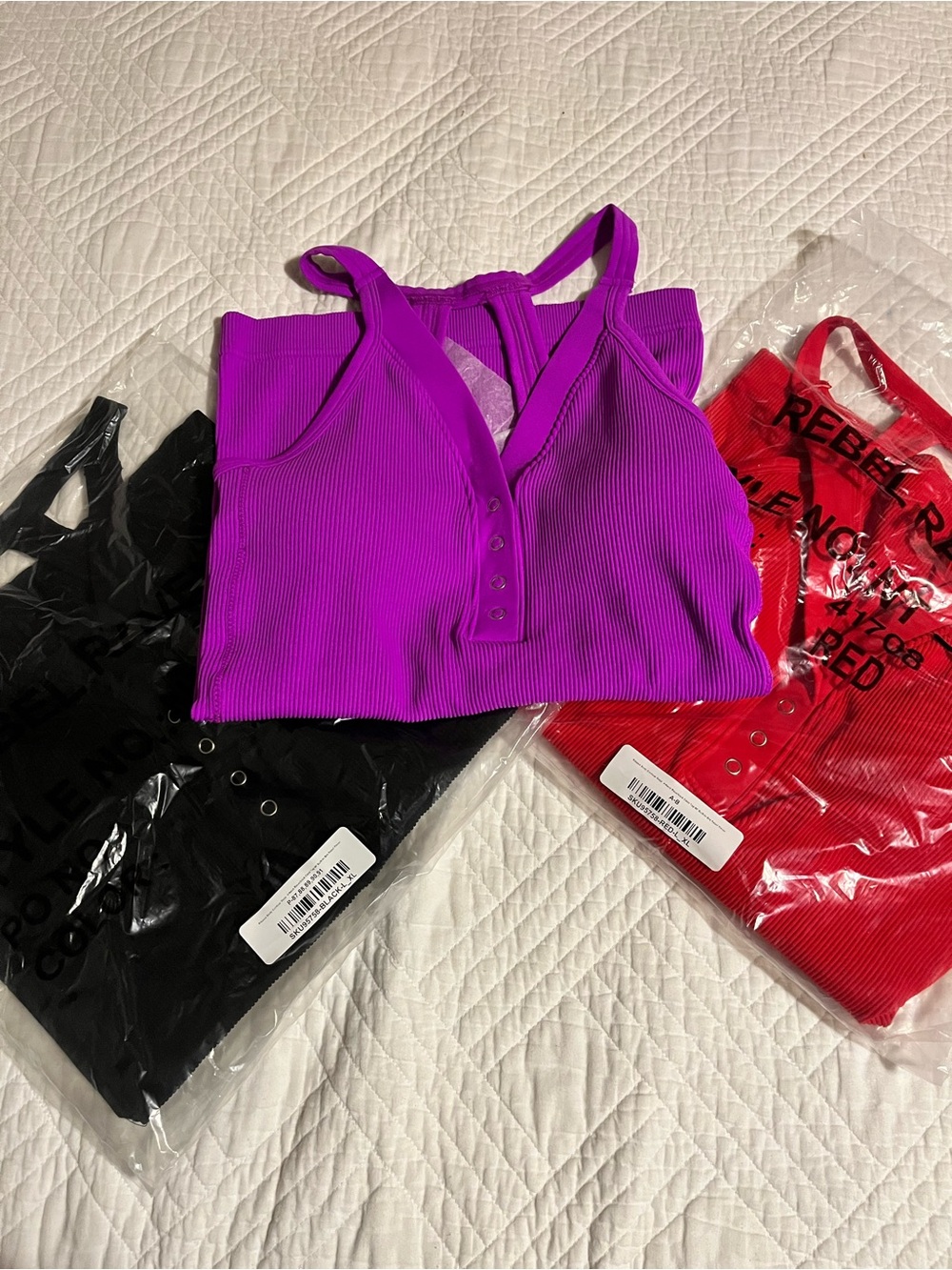 Ribbed Henley Tank Top - Purple, Red, Black